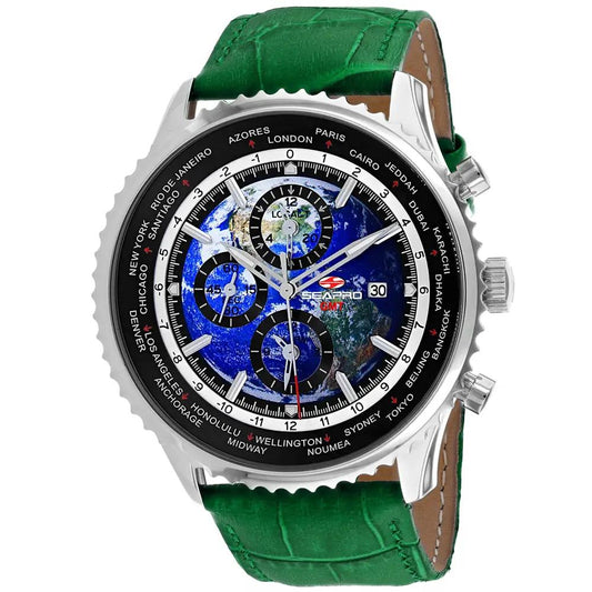Seapro Meridian World Timer GMT Watch with green leather strap and world map dial on Tampa Home & Garden Store