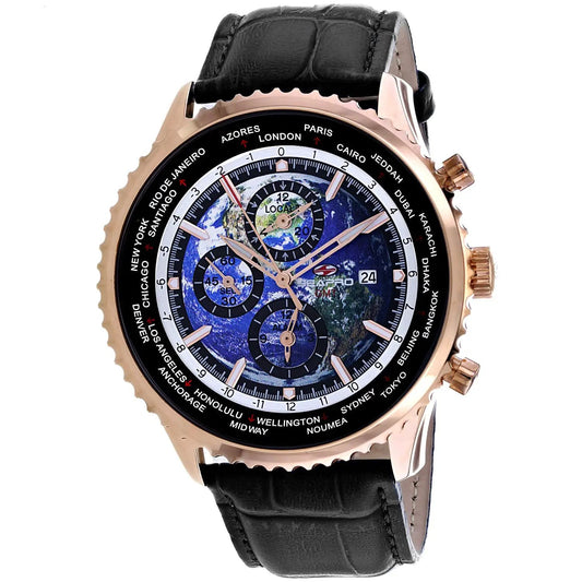 Seapro Meridian World Timer GMT watch with rose gold case, black leather strap and world dial on Tampa Home & Garden Store