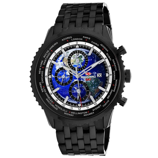 Seapro Meridian World Timer GMT stainless steel watch with black bracelet and globe dial on Tampa Home & Garden Store