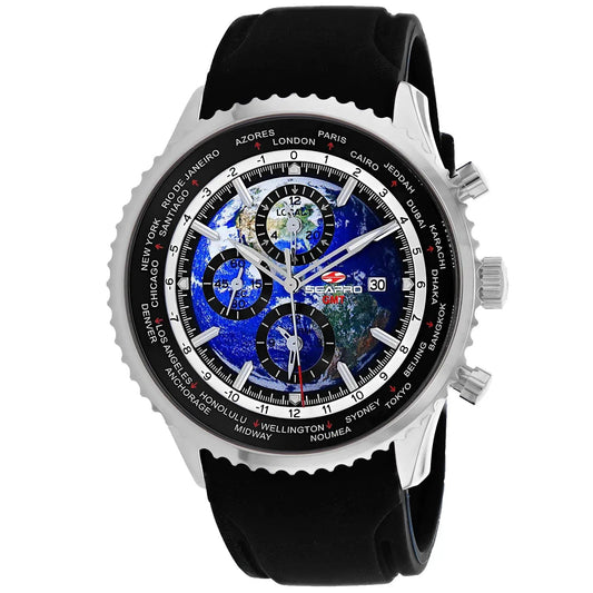 Seapro Meridian World Timer GMT watch with world map dial, silver case, black strap on Tampa Home & Garden Store