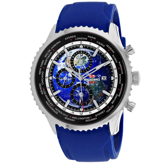 Seapro Meridian World Timer GMT Watch with blue silicone strap and stainless steel case on Tampa Home & Garden Store