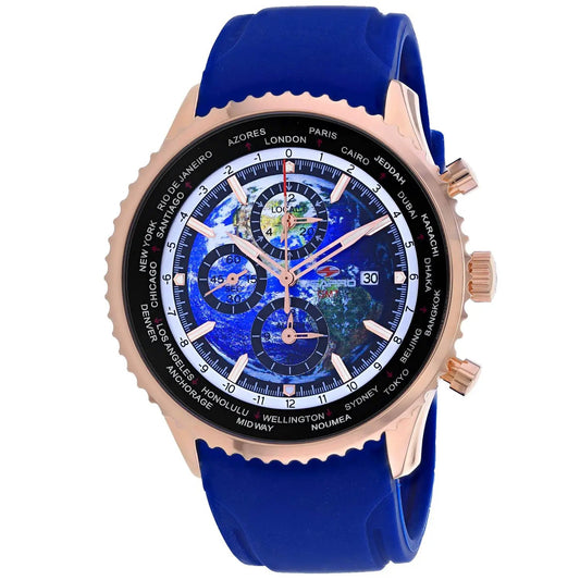 Seapro Meridian World Timer GMT watch with rose-gold case, blue strap, world map dial on Tampa Home & Garden Store