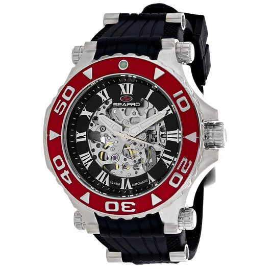 Seapro Seaway automatic watch with steel case and red bezel, skeleton dial, black strap on Tampa Home & Garden Store