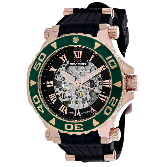 Seapro Seaway Automatic Mens Sport Watch with rose gold case, green bezel, skeleton dial on Tampa Home & Garden Store