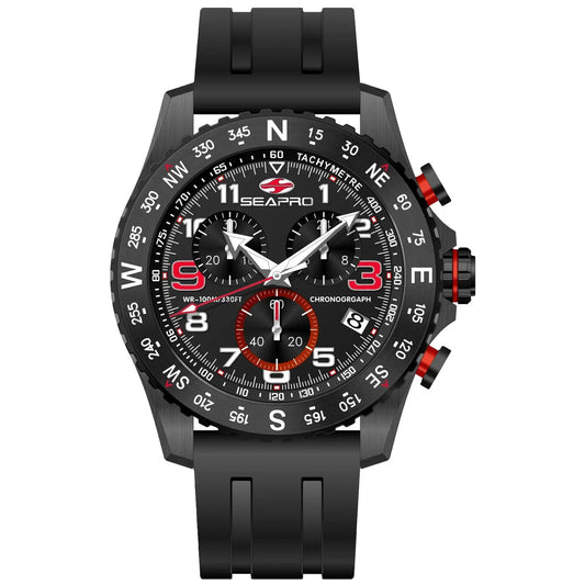 Seapro Men's Gallantry chronograph watch with black dial, white numerals, red accents, and rubber strap on Tampa Home & Garden Store