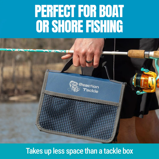 Reaction Tackle Speed Binder fishing storage with blue binder and mesh front pocket on Tampa Home & Garden Store
