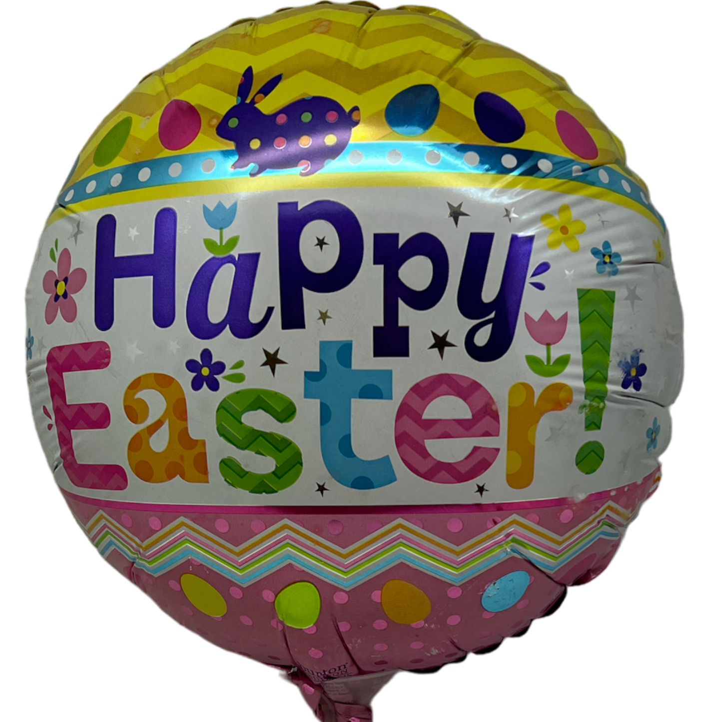 Easter pre-inflated 9in Mylar balloon with colorful stripes and Happy Easter lettering on Tampa Home & Garden Store