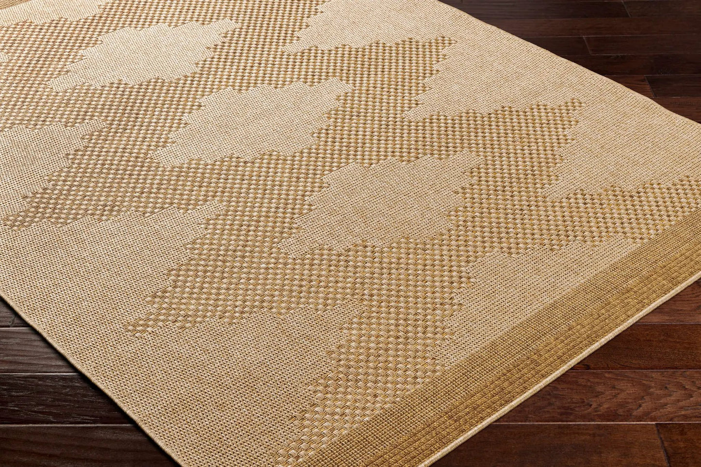Colum Flatweave Faux Jute Outdoor Rug in natural beige with geometric patchwork blocks on Tampa Home & Garden Store