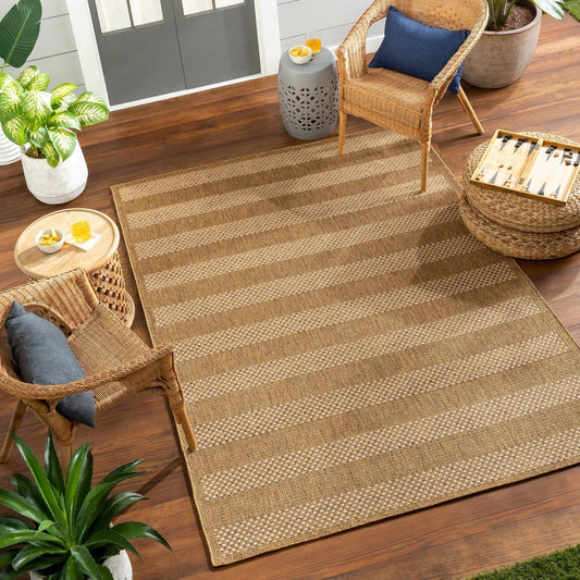 Hiero Flatweave Faux Jute Outdoor Rug Boutique Rugs in warm beige brown stripes for outdoor use on Tampa Home & Garden Store