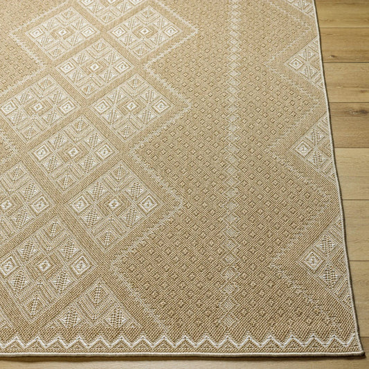 Olina Flatweave Faux Jute Outdoor Rug tan with geometric border Boutique Rugs on Tampa Home & Garden Store