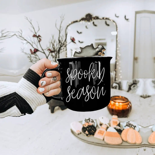 Gia Roma Spooky Season Mug black ceramic 14 oz coffee mug with white script on Tampa Home & Garden Store