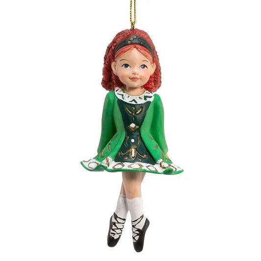 Irish Dancer Ornament green dress with red braided hair, white socks, black shoes on Tampa Home & Garden Store