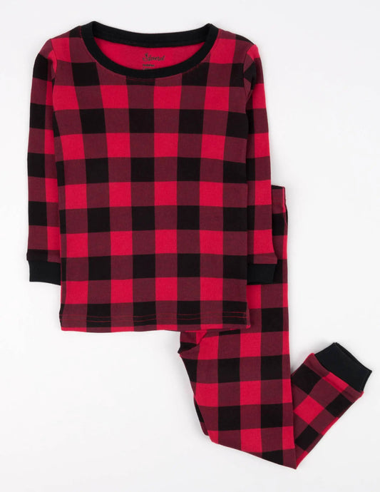 Kids two-piece cotton pajamas in black and red plaid; matching top and pants Leveret on Tampa Home & Garden Store