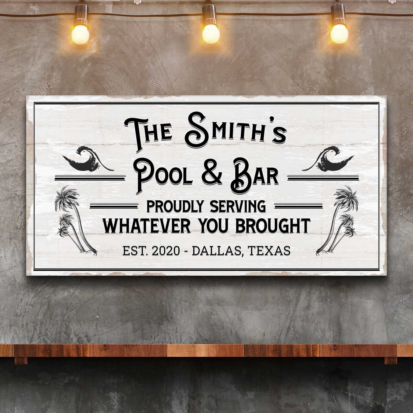 Personalized Rustic Pool Sign canvas crafting sign with black serif lettering and palm accents on Tampa Home & Garden Store