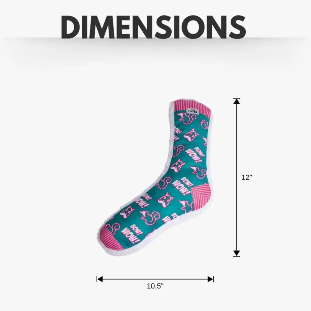Squeaky Sock Plush Dog Toy in teal with pink trim and squirrel design on Tampa Home & Garden Store