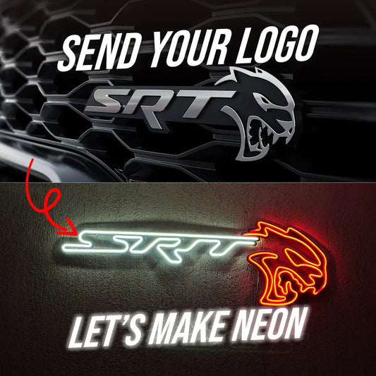 Your Personalized Logo Neon Wall Art β logo on grille with white SRT neon and red emblem on Tampa Home & Garden Store