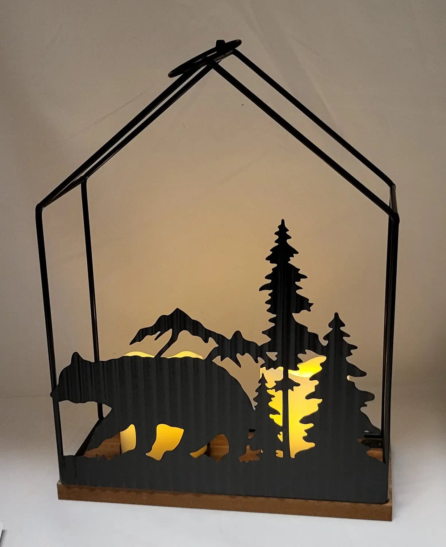 Woodland Silhouette Candleholder Lantern with black metal frame and pine trees solid wooden base on Tampa Home & Garden Store