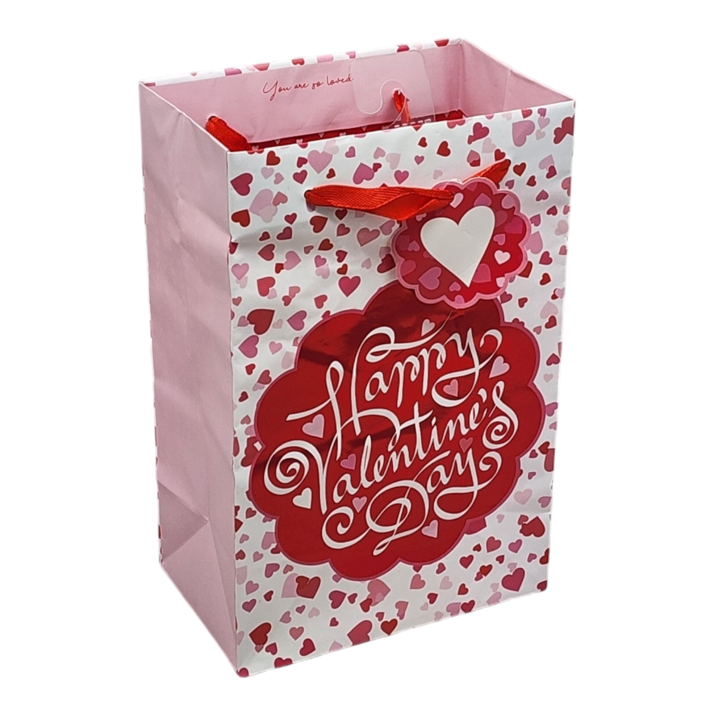Raining Hearts Gift Bag Valentines Day bag with red heart pattern and red ribbon handle on Tampa Home & Garden Store