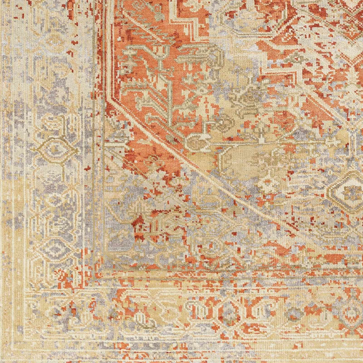 Juji Burnt Orange Wool Rug with oriental pattern in burnt orange, cream and pale blue on Tampa Home & Garden Store