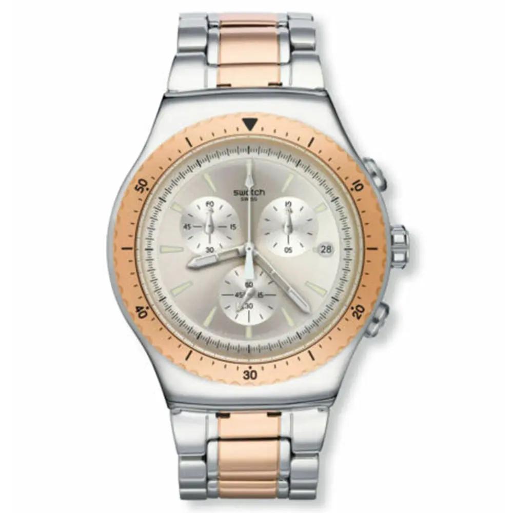 Swatch men's red graphite stainless steel chronograph watch with rose gold bezel and bracelet on Tampa Home & Garden Store