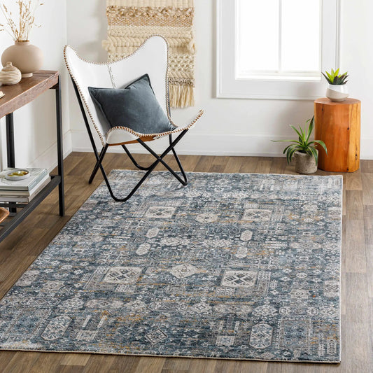 Stacyville Luxe Fringe Rug in Polyester, blue-gray oriental pattern with ivory accents, rug on Tampa Home & Garden Store