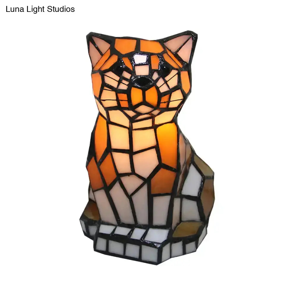 Tiffany Brown Cat Stained Glass Bedside Lamp orange-brown mosaic cat with black lead lines on Tampa Home & Garden Store