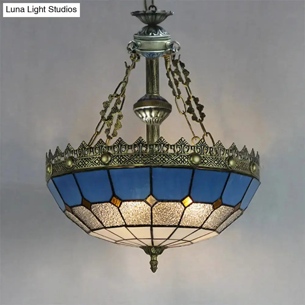 Blue and white stained glass ceiling pendant light with kitchen brass accent by Decorbites on Tampa Home & Garden Store