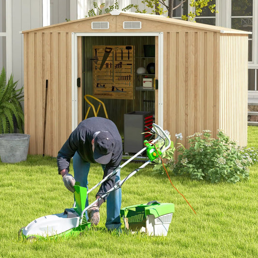 Weather Resistant Galvanized Steel Shed with Tilted Roof for Backyard Garden Patio Lawn-Natural - Tampa Home & Garden Store