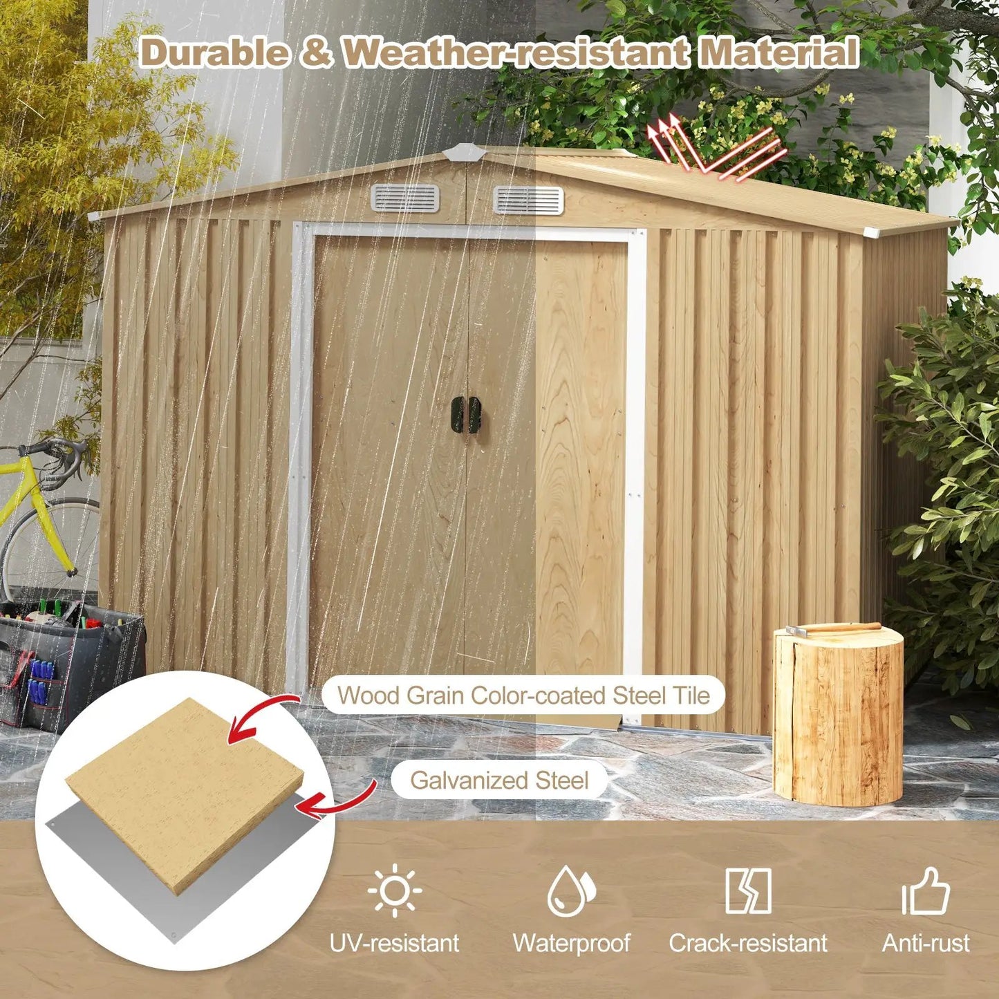 Weather Resistant Galvanized Steel Shed with wood-grain tile tan siding vented roof DirectDeals-on Tampa Home & Garden Store