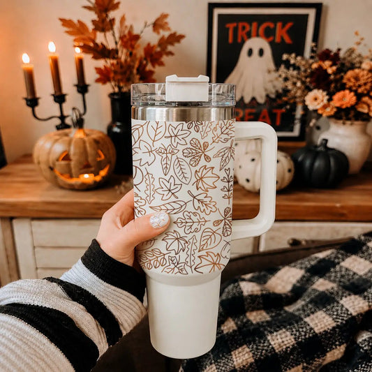 Gia Roma Timeless Fall 40oz travel tumbler with leaf-pattern wrap and white handle on Tampa Home & Garden Store