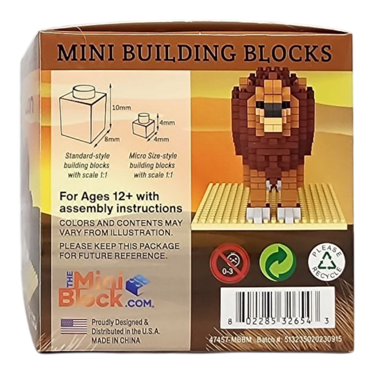 Mini Building Blocks Lion Final Project Kit box shows a brown brick lion with tan highlights on Tampa Home & Garden Store