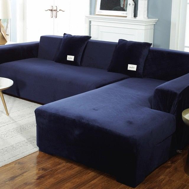 Stretchable sofa slipcover Stevvex navy blue for sectional with chaise machine washable on Tampa Home & Garden Store