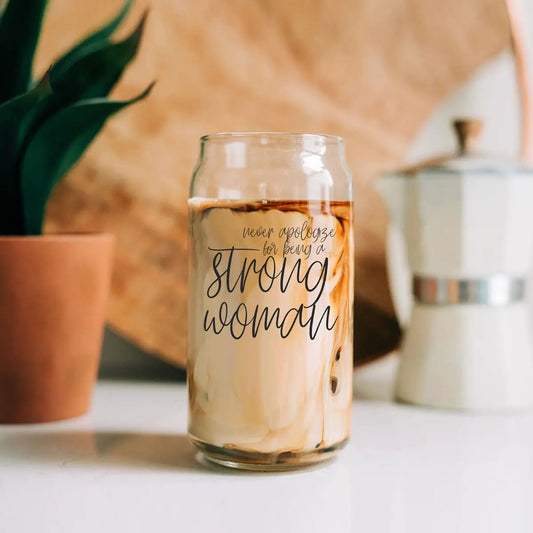 Strong Woman 17oz glass tumbler with marbled iced coffee, Gia Roma travel drinkware on Tampa Home & Garden Store