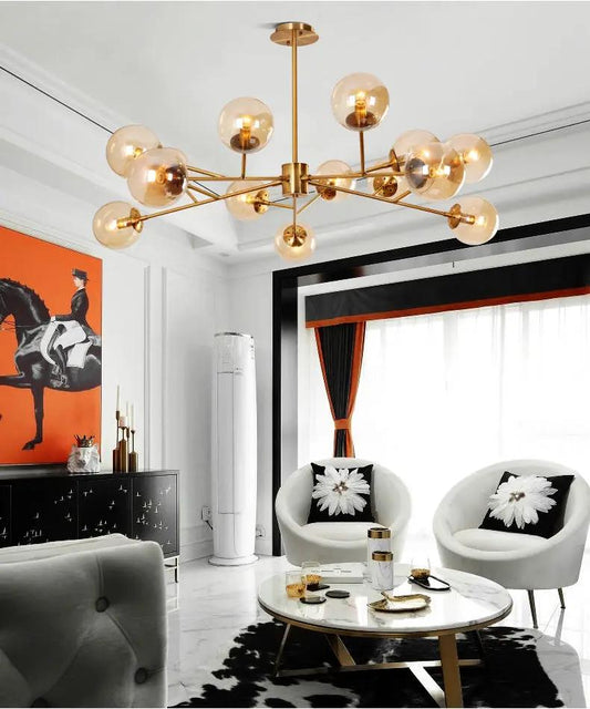 Study Room LED Glass Chandelier with Brass Finish, globe bulbs in a modern living space on Tampa Home & Garden Store