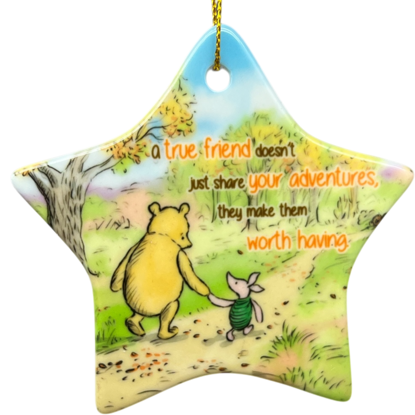 Star-shaped Pooh ornament with Pooh and Piglet in a woodland scene on Tampa Home & Garden Store