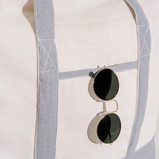 Extra Large Canvas Tote with Zipper beige tote with blue-gray straps and sunglasses on Tampa Home & Garden Store