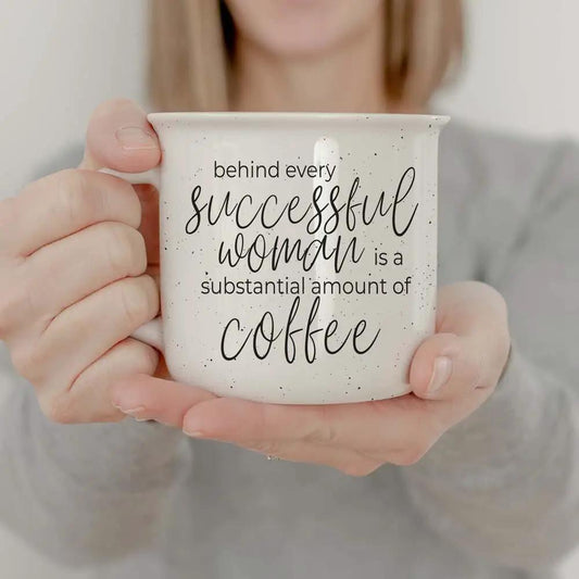 Travel mug Gia Roma white speckled ceramic cup with coffee quote message on Tampa Home & Garden Store