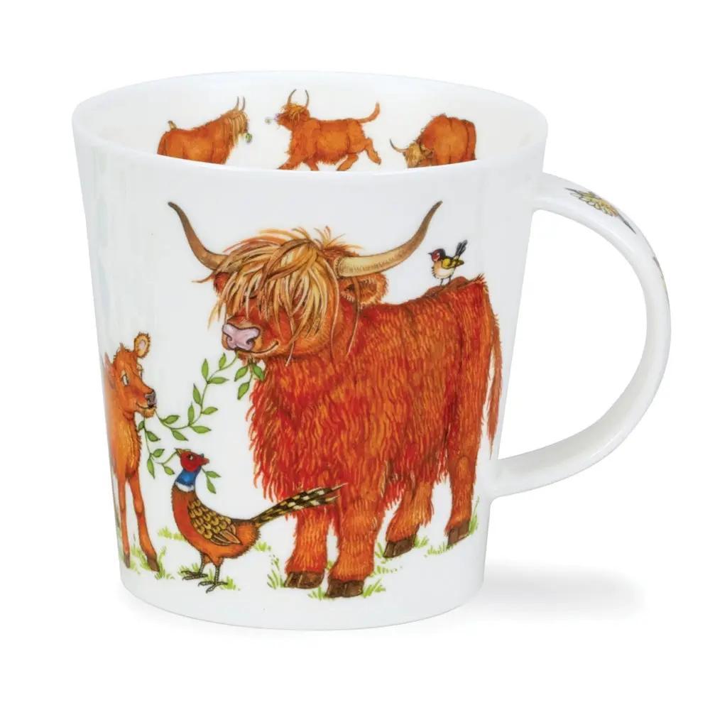Hairy Highlanders Cairngorm bone china mug with orange Highland cattle and birds Dunoon mug on Tampa Home & Garden Store