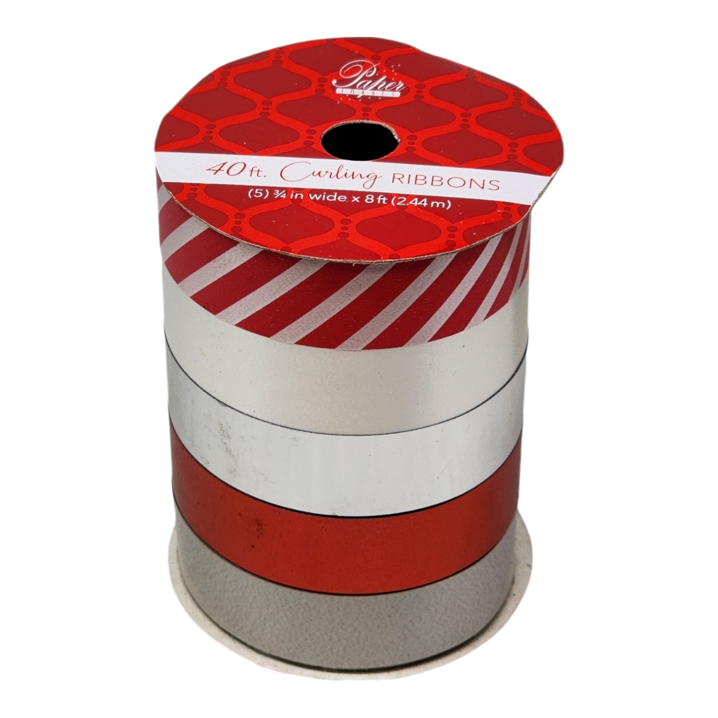 Ruban frisé 19 mm (3/4 pouce) - 5 couleurs - 2,4 m (8 pieds) chacune - Rayures grises, rouges, argentées, blanches et rouges