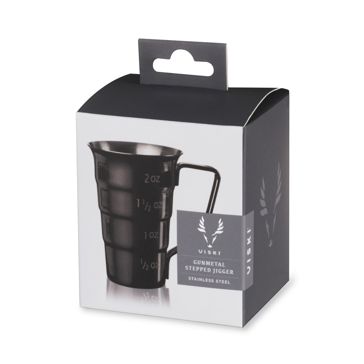 Gunmetal stepped jigger by Viski, stainless steel cocktail measure with 1/2 oz–2 oz marks on Tampa Home & Garden Store