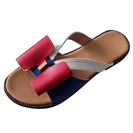 Stevvex Summer Butterfly Womens Sandals pink red straps with navy blue accent on tan footbed on Tampa Home & Garden Store