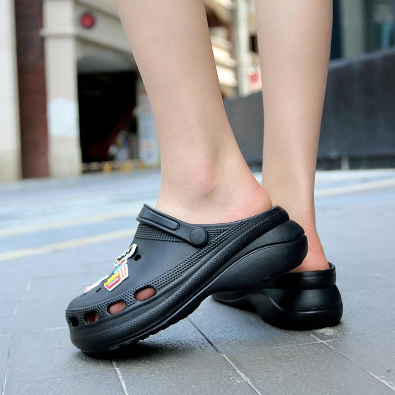 Stevvex black platform garden sandals with perforated upper and fruit patch on Tampa Home & Garden Store