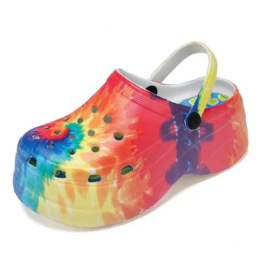Rainbow tie-dye Stevvex clog sandal with ventilation holes and heel strap on Tampa Home & Garden Store