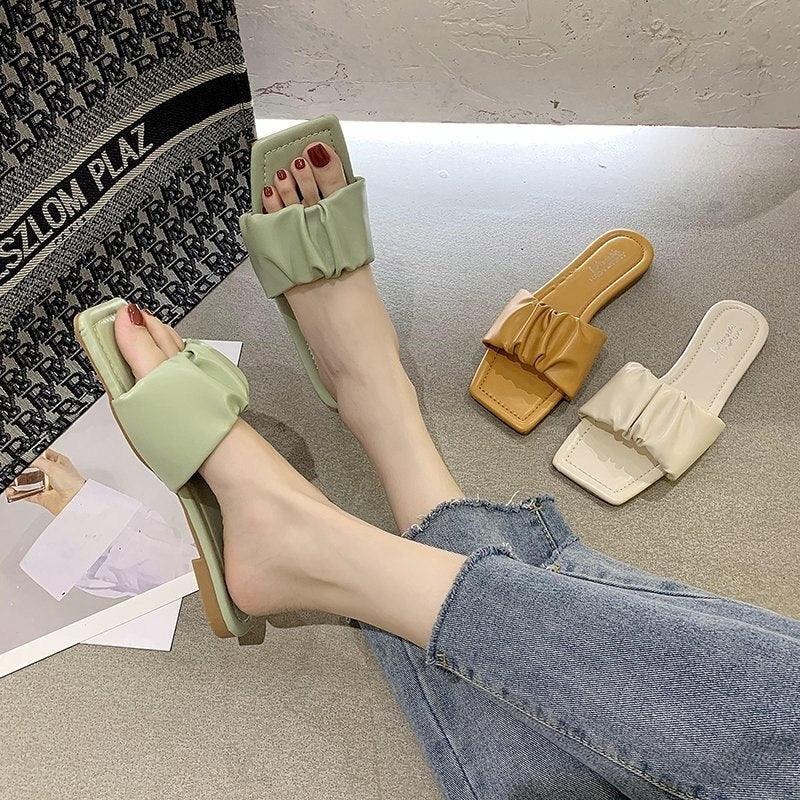 Stevvex Summer Women Sandals pleated strap open-toe slide in green; casual beach wear, 4 colors on Tampa Home & Garden Store