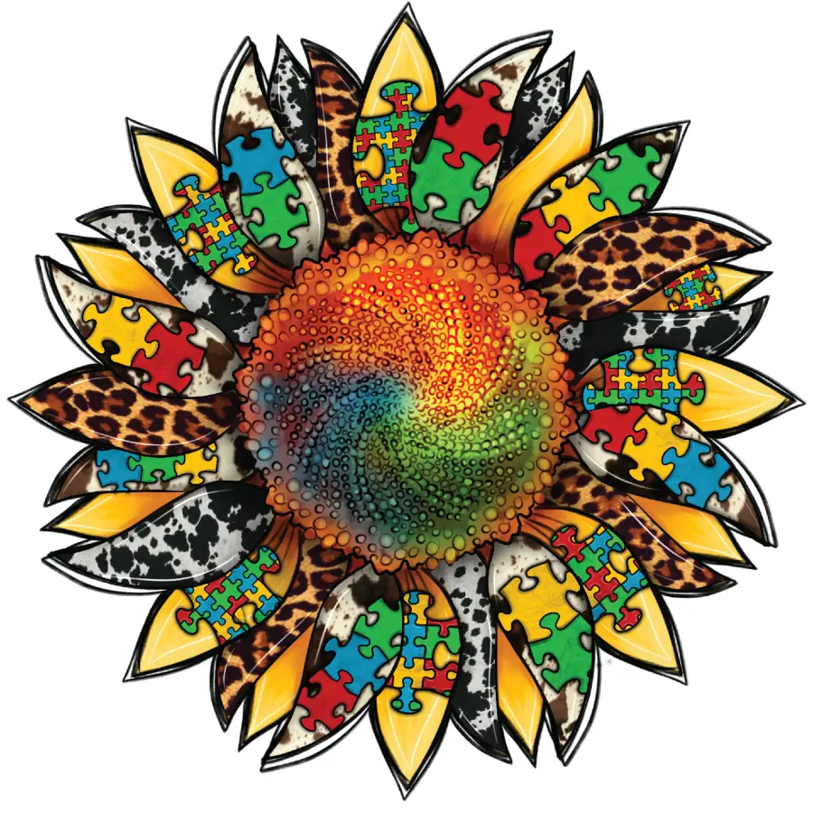 Sunflower Autism Support Wood Sign Door Hanger 22in with puzzle-piece petals DecoExchange on Tampa Home & Garden Store
