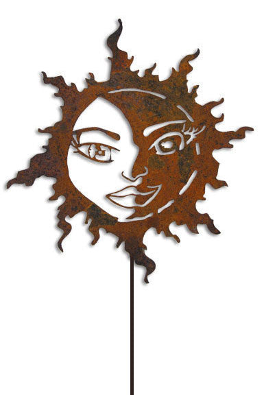 Sun Moon garden stake in rusty metal finish with sun and moon face by Rustica Ornamentals on Tampa Home & Garden Store