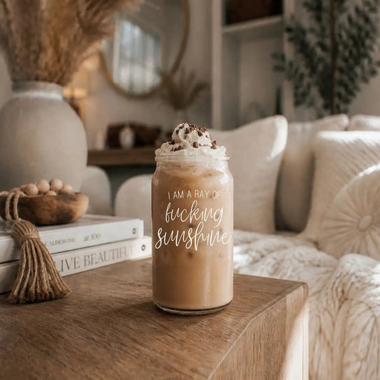 Ray of Sunshine 17oz glass cup travel mug with whipped cream iced coffee on Tampa Home & Garden Store