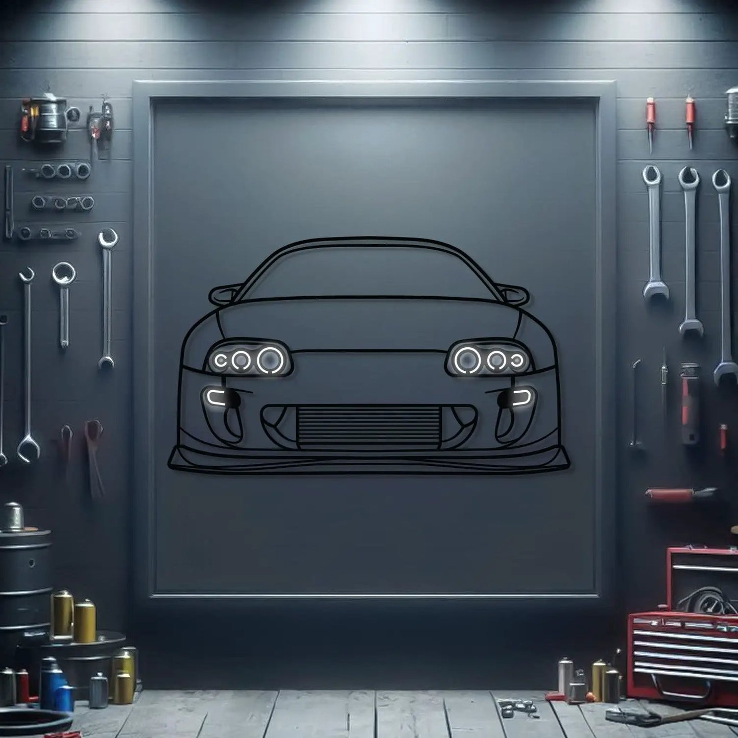 Modello Turbo Supra MK4 front view metal neon car wall art with black outline on Tampa Home & Garden Store