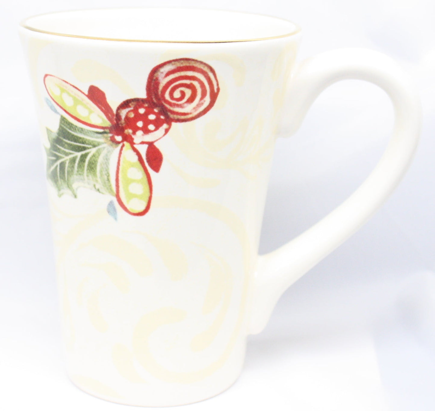 Snowflake Scroll Mug with Gold Rim design, cream ceramic with red scroll motif and gold rim on Tampa Home & Garden Store