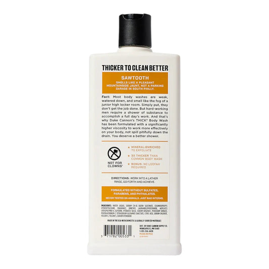 Duke Cannon Thick Body Wash Sawtooth Cedarwood bottle with black cap and orange label on Tampa Home & Garden Store